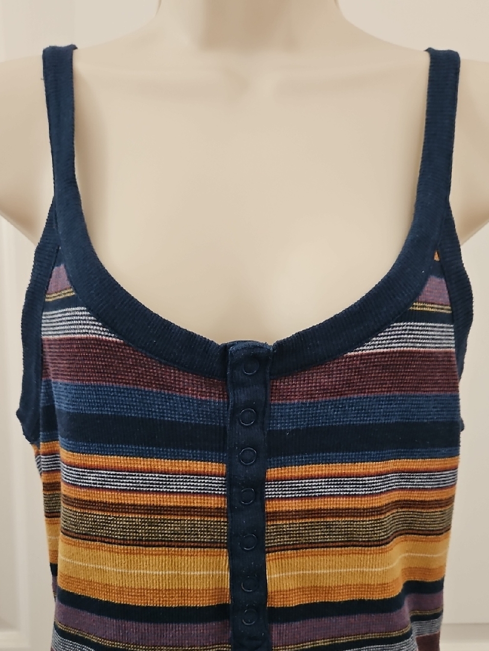 Women’s Striped Button-Front Tank Top in Navy, Mustard & Burgundy - Picture 2 of 12